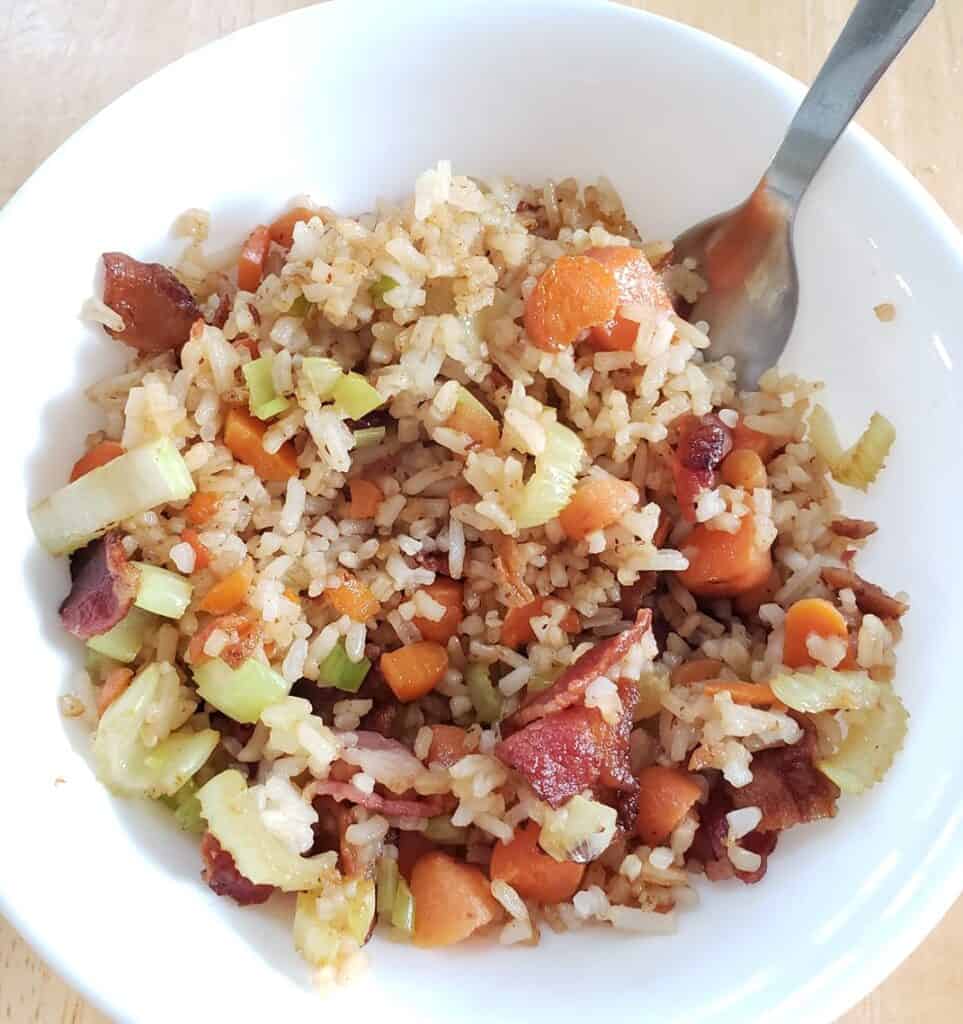 A bowl of breakfast fried rice.