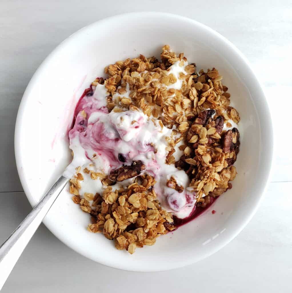 A yogurt bowl with blueberries and granola.